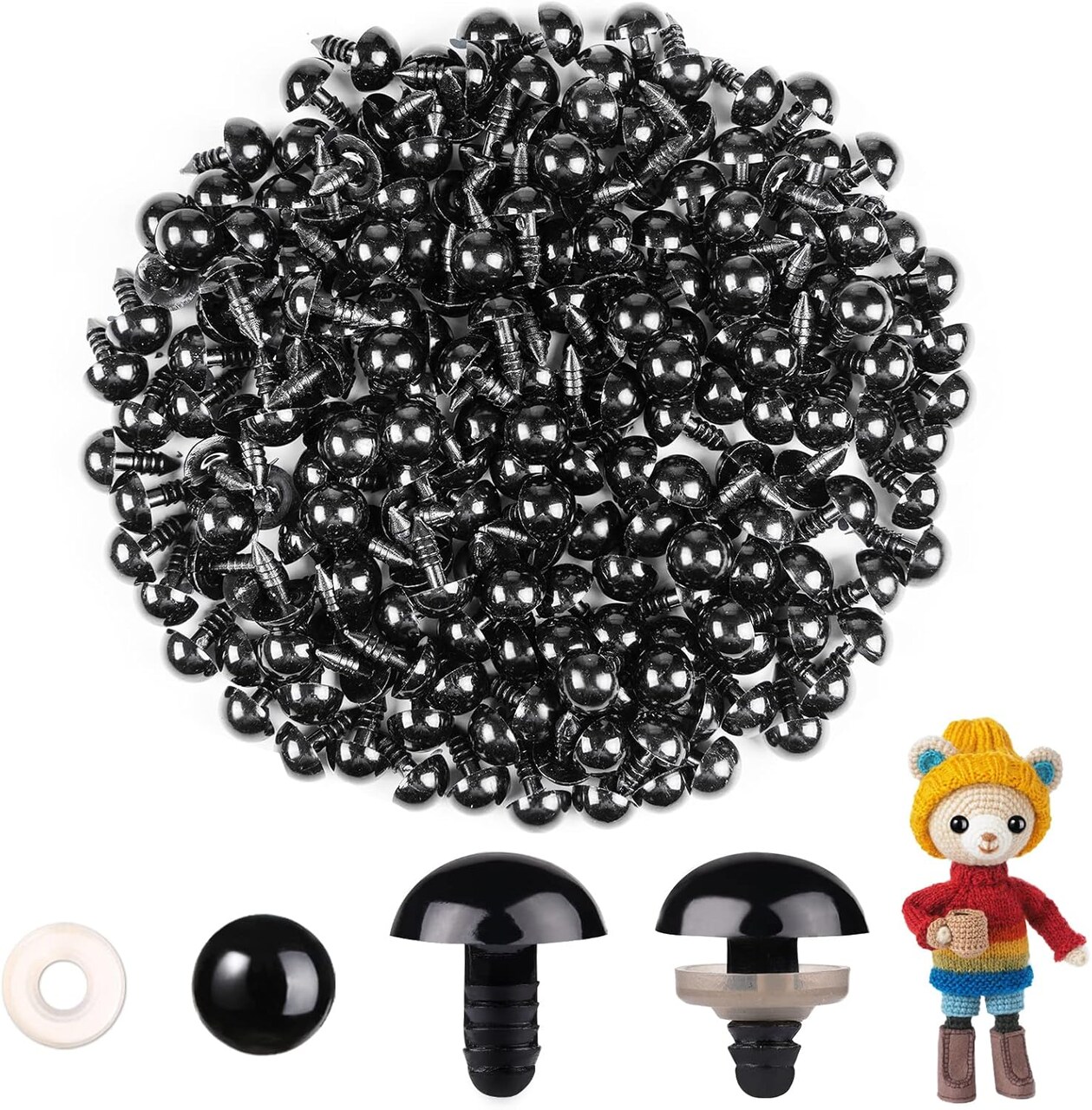 400pcs 16mm Safety Eyes for Amigurumi with Washers – Black Plastic Craft Eyes for Crochet Dolls, Stuffed Animals, and DIY Christmas Decorations